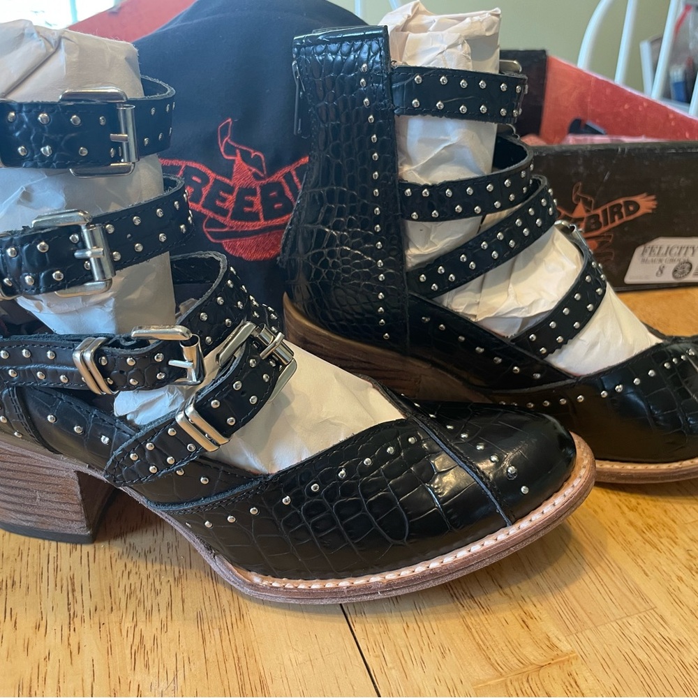 Freebird Felicity Black Ankle Booties with Studded Brogue Style